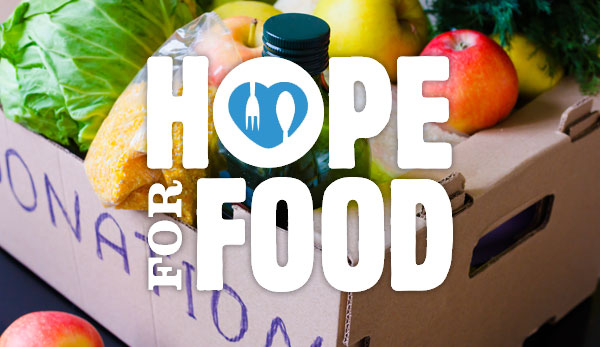 Hope for Food logo over a donation box filled with fresh fruit and vegetables