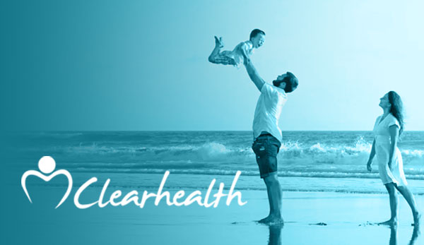 Clearhealth logo over a family playing on a beach