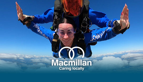 Macmillan Caring Locally logo over a fundraiser on a tandem skydive