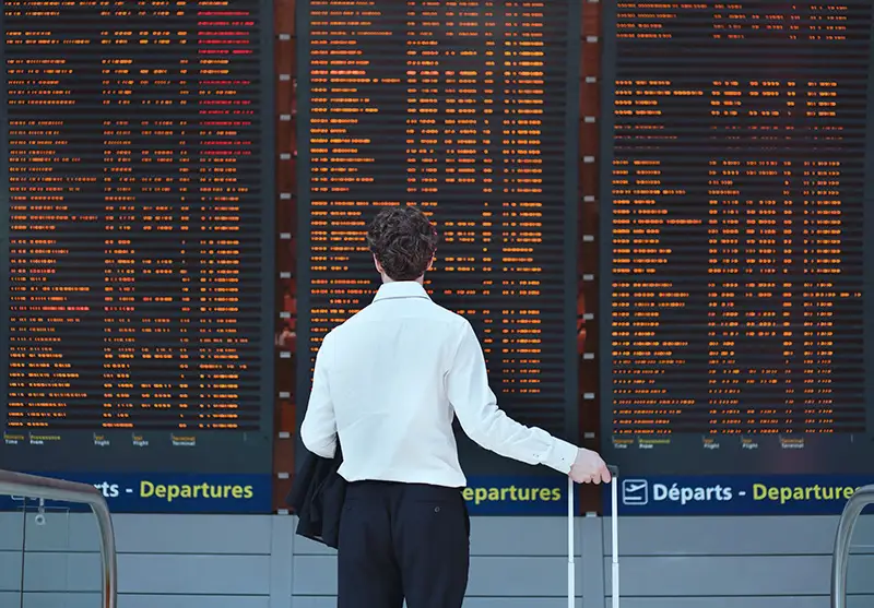 A traveller with a suitcase reading the departure boards at an airport