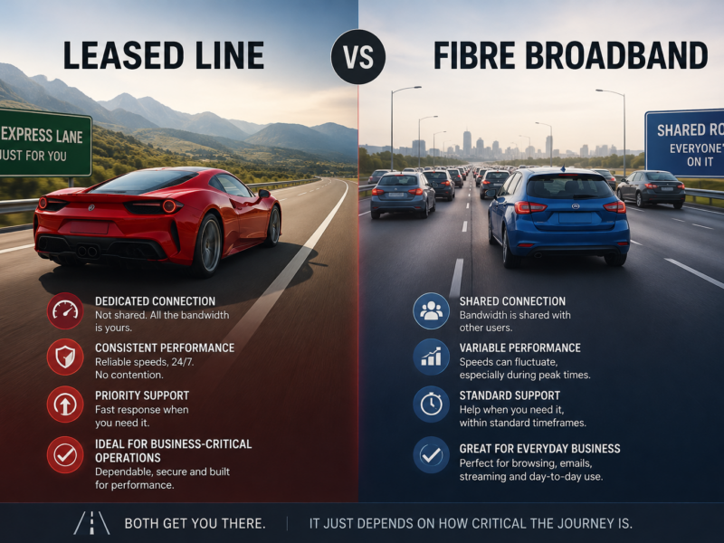 Leased line versus fibre broadband. A leased line is a dedicated connection with all the bandwidth yours, consistent performance with no contention, priority support, and is ideal for business-critical operations. Fibre broadband is a shared connection with bandwidth shared with other users, variable performance at peak times, standard support, and is great for everyday business. Both get you there - it depends how critical the journey is.