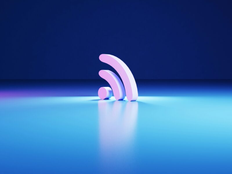 A Wi-Fi signal symbol rendered in three dimensions on a blue background