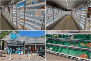 Empty shelves due to Co-op cyberattack.